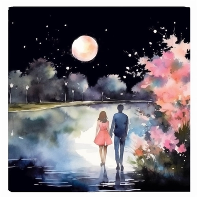 Watercolor, A couple by the river in bloom, night,clipart on black background