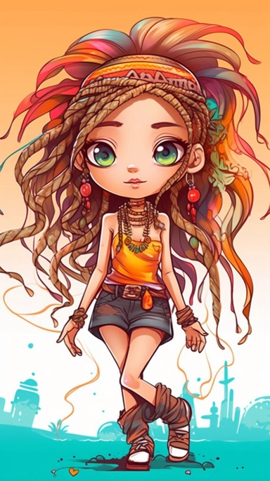 cute cool girl dancing with wild colorful dreadlocks, chibi style, jewelry, hip hop clothing, clipart, whole body, beach background,