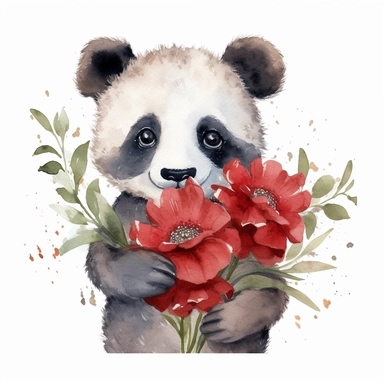 watercolor clipart image of a happy looking baby panda holding some red flowers, disney style, white background, no shading
