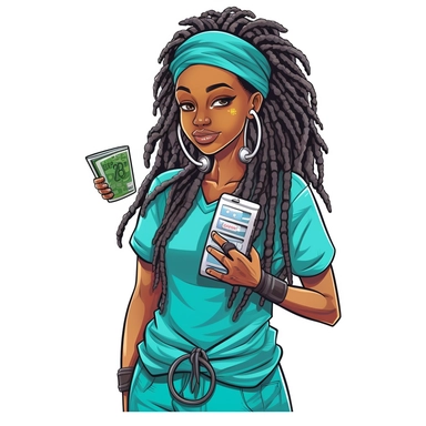 black nurse dreads clipart sticker in teal scrubs holding a clipboards