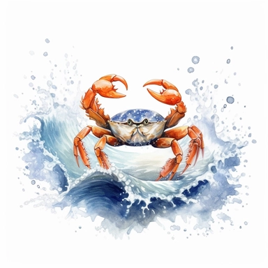 Watercolor hand-drawn crab illustration - jumping up from the foamy ocean wave, playful, happy mammal. Character, logo, children wallpaper, doodle, cartoon. Marine clip art. Ocean, sea inhabitant. White Background