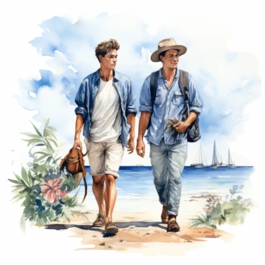 Travel Watercolor Clipart, two young men, best friends, sailing togrther, 19 blue themed, single object, isolated on white background, highly detailed, hand painted watercolor illustration by Cath Kidston, Emma Bridgewater, png transparent background, white background for removing background - - no text shadow font watermark