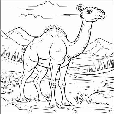 Draw a clipart illustration in black and white for a children's coloring book that depicts the following anecdote: The camel has two humps and can walk for days without drinking water. Create a simple and linear background that fits the anecdote and is suitable for coloring. Simple outlines, bold lines, toon, cartoon. Make sure to leave some space for children to color. Black and white. black ink on white.