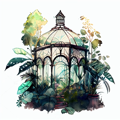on a white background for a clipart realistic and detailed whimsical deep and bright color watercolor and black ink illustration in the 2d anime style. a glass greenhouse in art deco style overgrown with magic and fragrant vegetation, magical details and mystical atmosphere. plants are everywhere