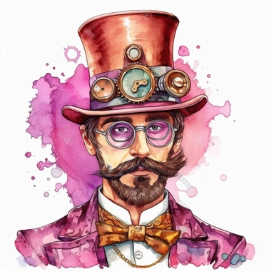 high quality watercolor clipart of a beautiful realistic man with a pink steampunk hat and glasses, white background, seperated, vector design, hd
