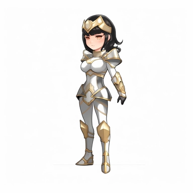 SD 2d vector female game character, white and gold theme, light dress armor with gloves, decent detailed cloth and armor, sticker, outline, clipart, white background, side view