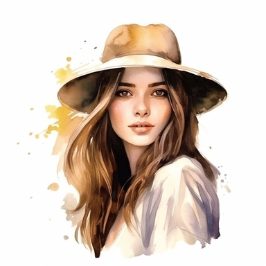 pretty lady with a hat, long brown hair, watercolor, hyperealistic, clipart, clean white background