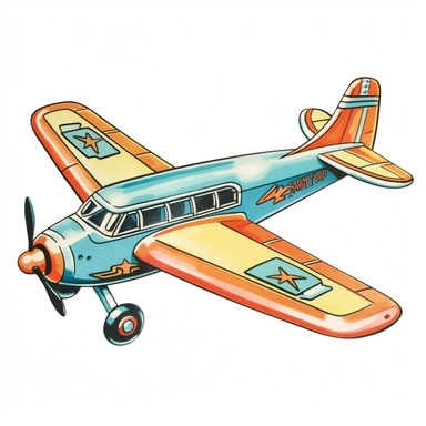 Vintage Hand painted pastel clipart of a toy airplane wall hanger in the style of vintage nursery kitsch Lefton, retro midcentury 1950’s, white background, contour