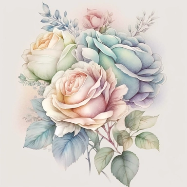 soft colorful pastel colored rose bouquet clipart, soft and subtle, colorful fairy pastel colors watercolor style, fawncore, pastel roses only, dreamy pastel colors, muted pastel blue, pastel indigo, pastel navy blue, plain white background, use of fabric, excellent depth of shading in soft watercolor style, watercolor artwork, plain white background for transparent editing