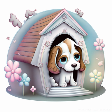 clipart with white background of a doghouse in the style of mystical fantasy, magical, kawaii style