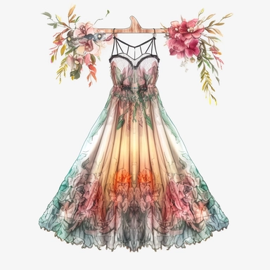panoramic view, full view, beautiful flowing tropical party dress in vibrant colors on ornate hanger, shabby chic, elegant, ethereal, romantic, fantasy, high detail, shabby chic, sharp focus, 8k, illustration sketch, clipart style, transparent background