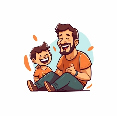 Father and son playing or laughing together, sticker style vector illustration for t - shirt, clipart, white background
