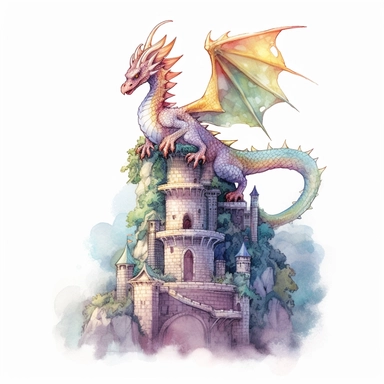 watercolour illustration of the dragon sits on top of the tower in unicake colors on a white background, realistic, book illustration, neat brush, magic charm, detailed, light contrast, dreamy, clipart, inspiration from 70s animated movies, full-body view, white solid background
