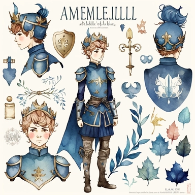 Use link as reference A watercolor collection by Amelia Fairytale, presenting a lively and charming clipart set of blue fairy tale prince characters in 5 different hair and skin colors, accompanied by whimsical elements such as a shield, horse, dragon, prince crown, castle, knights, and armor, perfect for crafting invitations, planner stickers, party printables, and embroidery designs