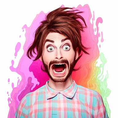 Scared man with a beard wearing a dress, kidnapped by the koolaid man, rainbow colors, help me, another dimension, shocked, scared, psychedelic, vibrant rainbow color, vector, tshirt design, blank white background, vector clipart, highly detailed, cartoon, scifi, trippy