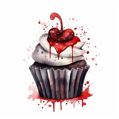 delicious halloween cupcake with queen of hearts, watercolour illustration clipart, extremely detailed, 4k, high quality, colour scheme black, red and white , , isolated on white background - <@1098423716465102849> (relaxed) - <@1098423716465102849> (rela