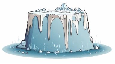 A delightful cartoon clipart of an iceberg gently melting, uncovering a charming hole at its peak, the melted water trickling down the sides in tiny rivulets, against a pristine white background, exuding a sense of innocence and lightheartedness, Clipart, digital illustration,