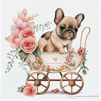 Cute french bulldog Puppy valentine, heart wagon, blush tones, Lilla Rogers agency, watercolor, roses, cupid, fairytale, folkart, clipart, white background