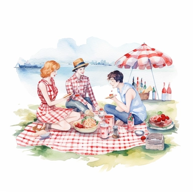 watercolour Gingham summer picnic with people clipart, white background, no text