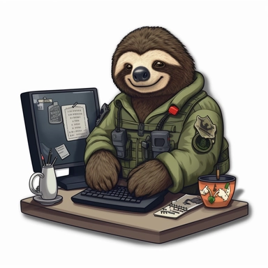 a morale patch showing a sloth coding in front of a PC in military clothes. Clipart