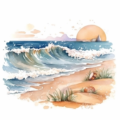 Sandy beach with waves, clipart, watercolor, white background