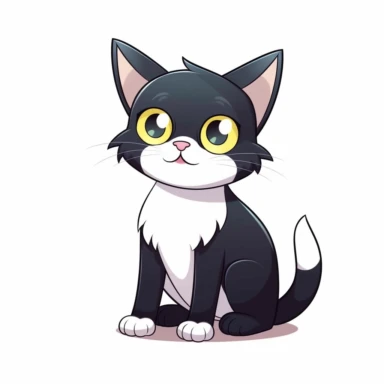 cute cartoon cat, black and white cat,smooth fur, black face with a little bit white by mouth, white paws, black legs, yellow eyes, full body sitting, white background, clip art, vector graphic