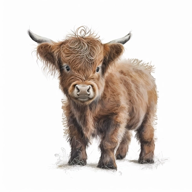 cute brown baby highland cow, chalk drawing on white background, clipart