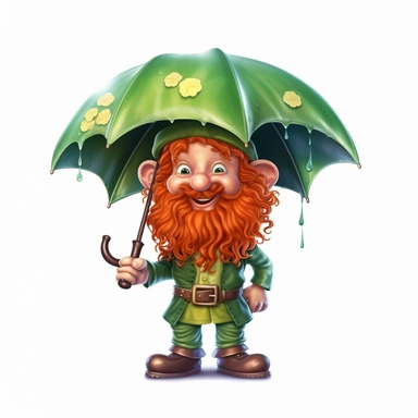 Cute Adorable magical little Leprechaun with a red beard holds laterally a huge umbrella in his hand wears a raincape and stand in the rain on a country road, correct umbrella, clipart, photorealistic illustration, high detail, 8k polished, 8k, vibrant colors, white background, sticker