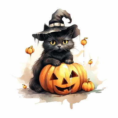 mystical fantasy cute watecolor laying witchy black cat with big halloween pumpkin clipart, hd 4k, detailed, focused, isolated on white background