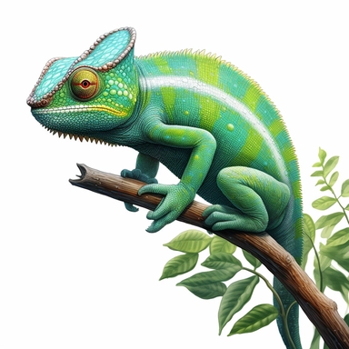 green chameleon, on a branch, realistic, clipart, clean lines, white background
