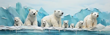 a line of cute miniature polar bear cubs on an iceberg, a collage of mixed media art made with tissue paper, magazine and newspaper clippings, oil paint, graphite pencil lines and fabric, in the style of playful surrealism, whimsical, washi tape