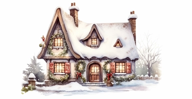 Cute English Cottage, snowy, watercolor clipart