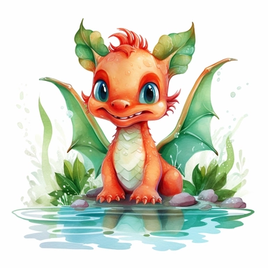 Clipart on White Backgraund Traditional laughing cute red baby dragon big green eyes without horns in green forest Water color