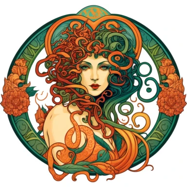 beautifal Medusa, art nouveau, bright colours, clipart, centred, white background