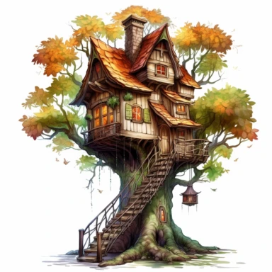 fantasy tree house in maple tree, clipart, white background