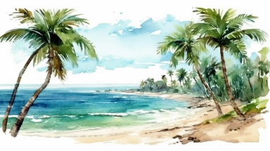 Tropical Beach watercolor illustration clipart on white background realistic photography, Higher coherence, Improved sharpness, accuracy, perfect look, perfect lighting, center of frame, ultra HD, 8k, Full body, OC renderer, sweet,sweet, dynamic background,(no unwanted borders or text artifacts)
