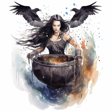 Mhytologic style beautiful impressive black long haired goddess woman wearing warrior dressed and a big caldron with watercolor effect,flying ravens,suitable for digital clipart,white background,many twinkles,celtic mhytology scene,warrior style