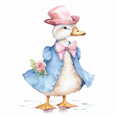 classic Beatrix potter Watercolor svg clipart of a cute adorable jemima puddle duck illustration by Beatrix potter , pastel groom wedding suit , cottage core, png isolated on white background