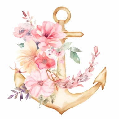 individual Boho Anchor Nautical Clipart watercolor with tropical flowers, in the style of light pink and light gold, digital art techniques, sparkle core, whimsical sculptures, gold leaf and gilding, romantic themes. flowers pink and gold colors clipart in the style of ethereal watercolors, dye-transfer, creative commons attribution, light gold and pink, soft light, gold out line , white background, bronze color, white background