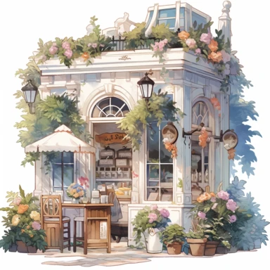 Clipart, a cafe in South Korea, with all the aromas and beauty, watercolor, white background, stunning architecture,