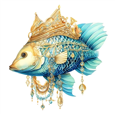 watercolor clipart featuring sea fish, in the style of realism with fantasy elements, exquisite clothing detail, light gold and aquamarine, elaborate beadwork, uhd image, pictorial dreams, surreal illustration