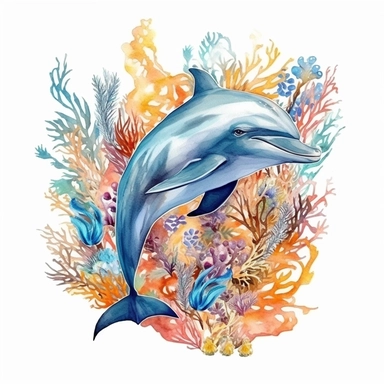 watercolor dolphin swimming through plants and corals, shades of coral turquoise yellow and blue, glamorous, very detailed and realistic, white background with margins, clipart style