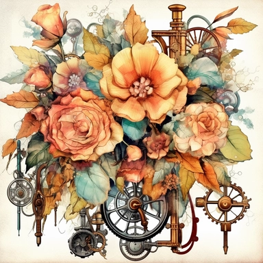 Transport your audience to a mesmerizing realm where steampunk aesthetics meet the fluid beauty of watercolor with this captivating collection of floral arrangements clipart. Harness the expressive power of watercolor as the artistic medium, allowing its translucent layers and delicate brushstrokes to bring life to the steampunk-inspired compositions. Infuse the artwork with the distinctive elements of steampunk culture, referencing the works of authors like H.G. Wells and incorporating imagery 