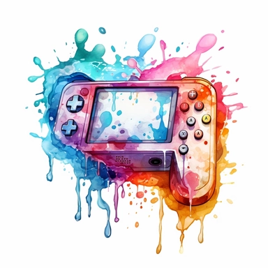 Watercolor Handheld gaming console , splash art, rgb colors, isometric, clipart, white background