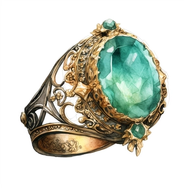 gold victorian ring with large emerald, watercolour painting , detailed , intricate white background. clipart
