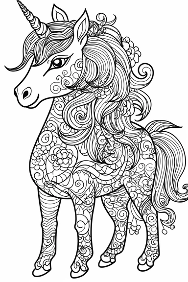 cute unicorn playing depicted in the style of clipart, white background, vector lines, in the style of a coloring book, thick, clear,lines, black and white,