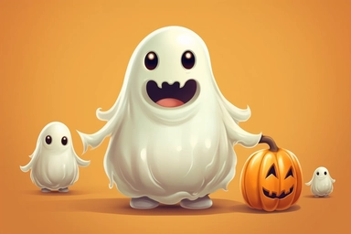 Cute ghost. Happy halloween ghosts characters, spooky expression creature. Funny scary magic demon with pumpkin, mystery creative nowaday vector clipart, realistic, full frame, very detailed