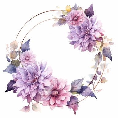 a circle floral frames made with Soft Purple and Pastel Purple Dahlia flowers, wet on dry watercolour style, antique look, clipart, white background