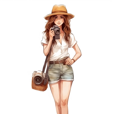 Cute adventurest female photographer with a camera, Cute and summer outfit, Watercolor style, clipart solid white background