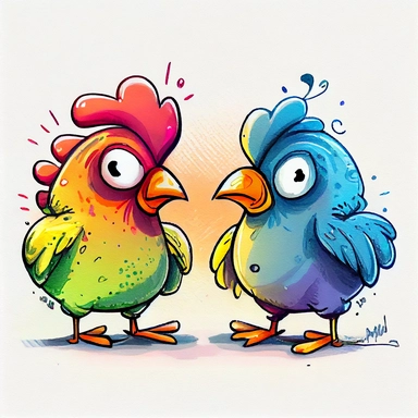 funny pink, yellow, blue, orange and green chicken, hen with rooster like a friend, cartoon style, white background, black outside lines, designs, white background, watercolor pencil drawing, small details, digital art, clipart, super acurate, –testp, pixar,